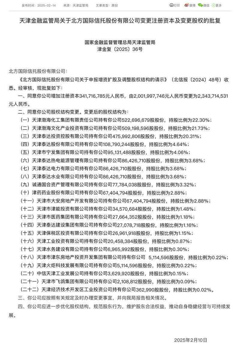 Northern Trust’s capital increase was approved, and its registered capital increased by 17% to 2.344 billion yuan插图